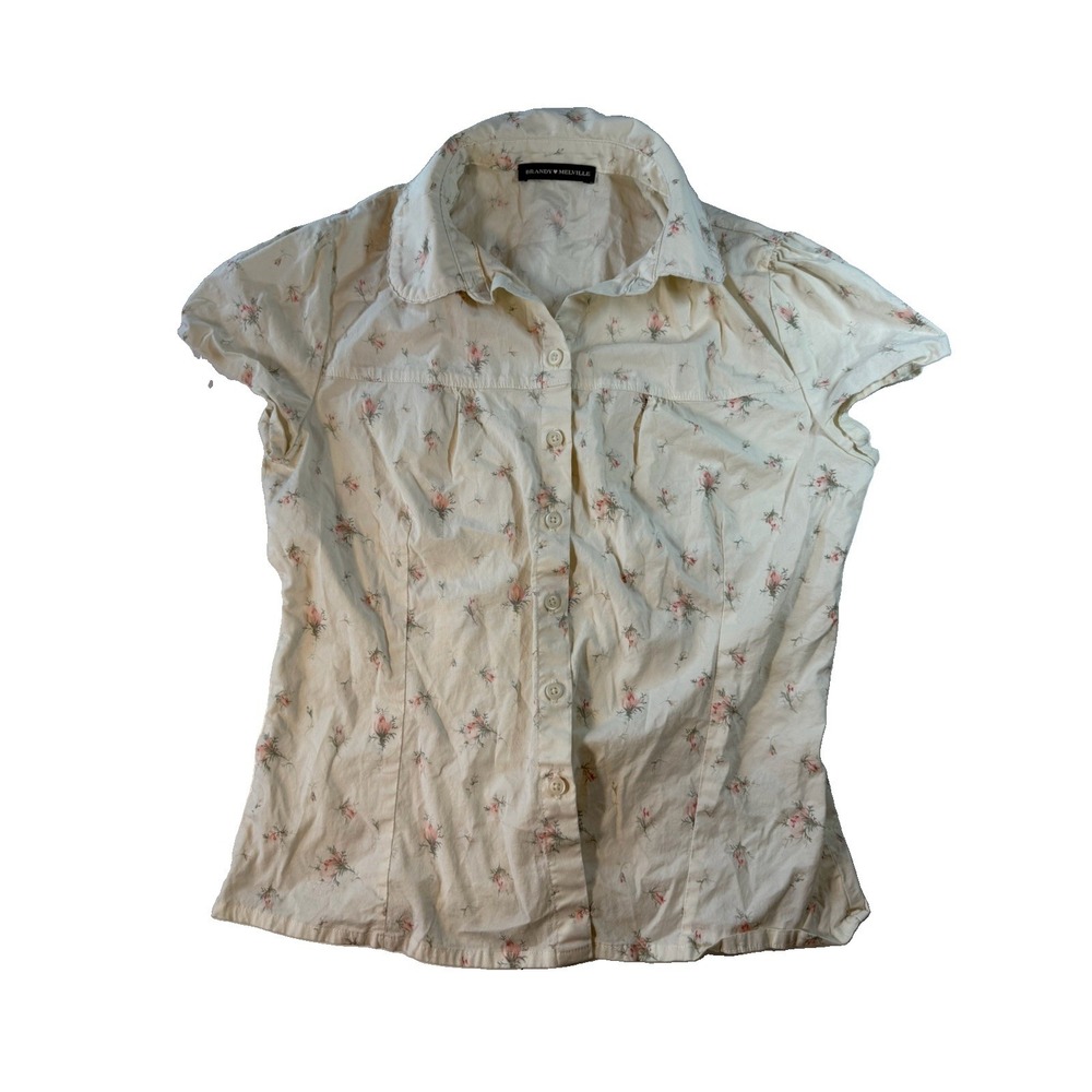 Brandy Melville Women's Floral Button Up Shirt Size XS/S Cream Pink Rose Cottage